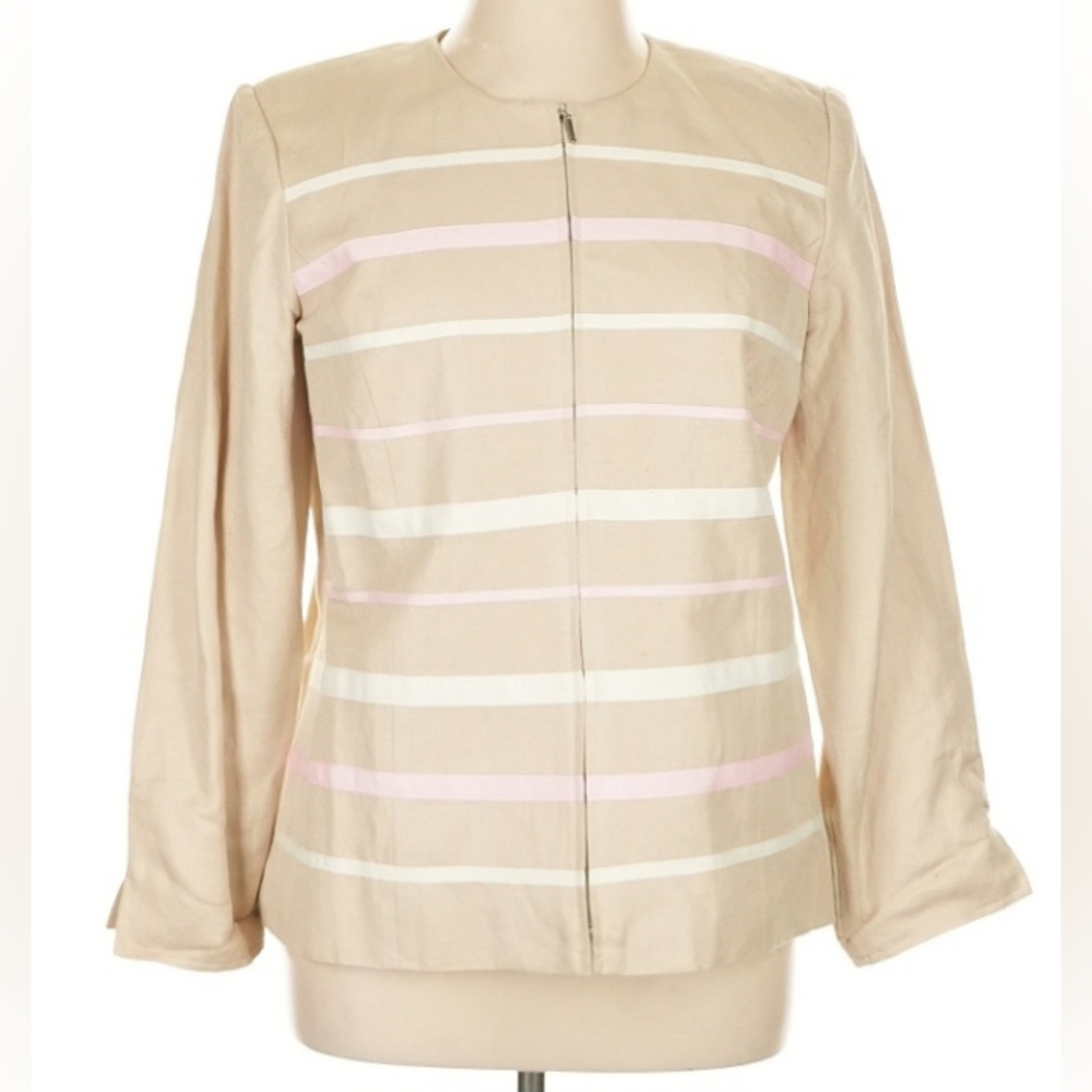 Mary McFadden Tan Linen Zip Up Jacket Blazer Size 14 EUC